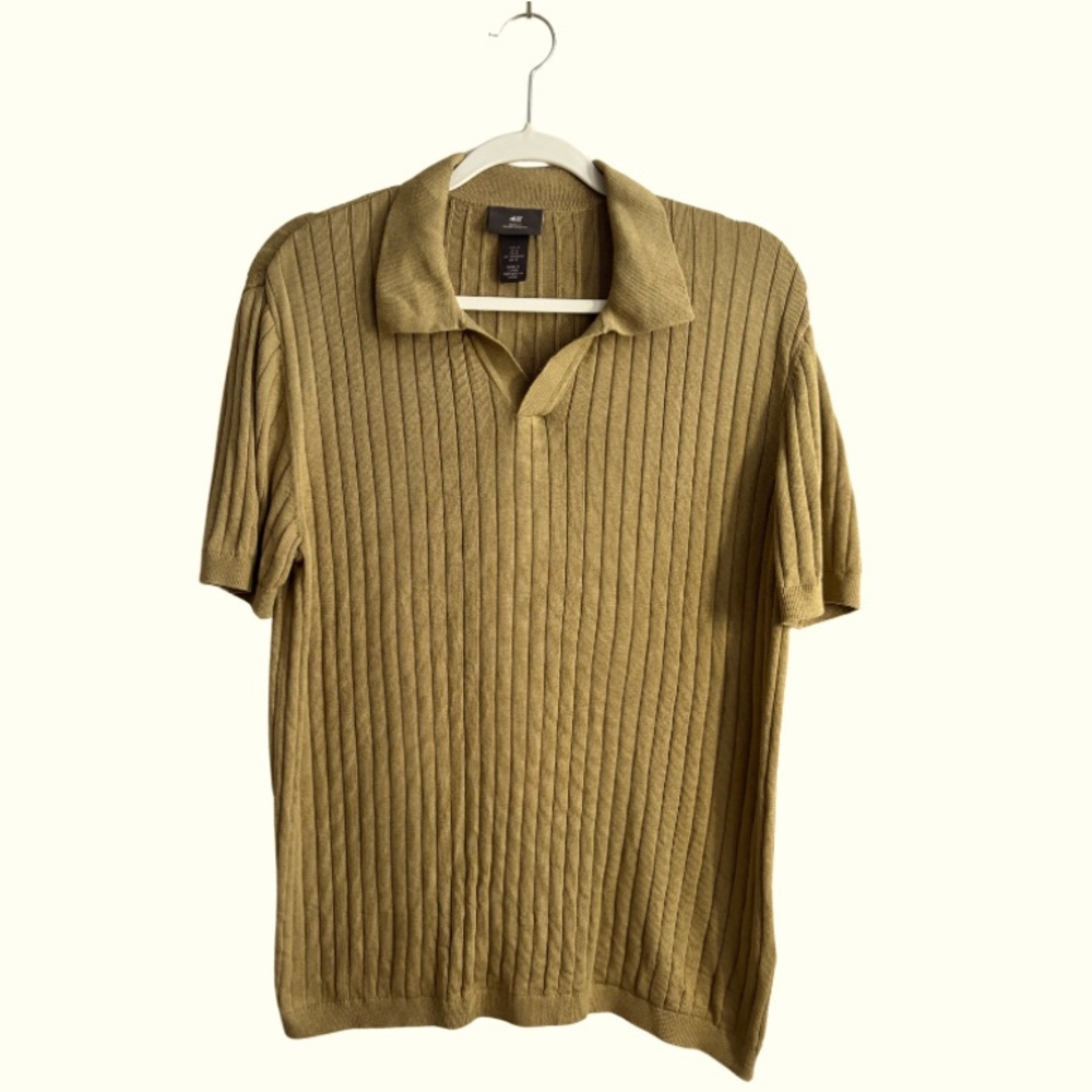H&M Green/Gold Soft Striped Polo Shirt Mens Size M